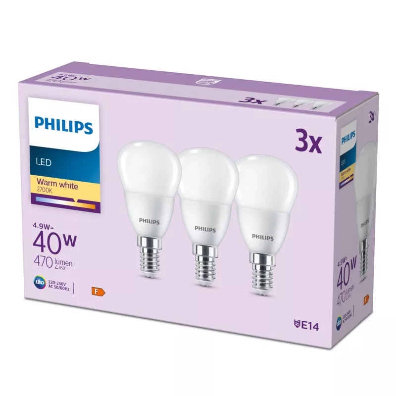 Philips Candle 40W P45 E14 x3, 4,9 W, 40 W, E14, 470 lm, 15000 h, Ciepła biel