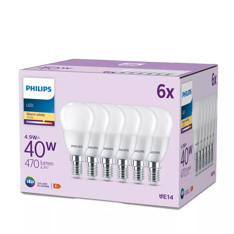Philips Świeca 40W P45 E14 x6, 4,9 W, 40 W, E14, 470 lm, 15000 h, Ciepła biel