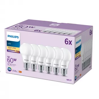 Philips Bulb 60W A60 E27 x6, 8 W, 60 W, E27, 806 lm, 15000 h, Ciepła biel