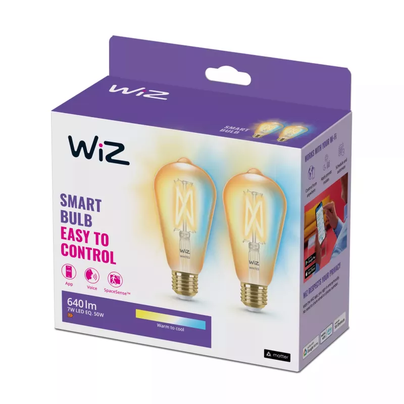 WiZ Filament Bulb Amber 50 W ST64 E27 x2, Żarówka inteligentna, Wi-Fi/Bluetooth, Złoty, Wi-Fi 4 (802.11n), 802.11b, 802.11g, LED, E27