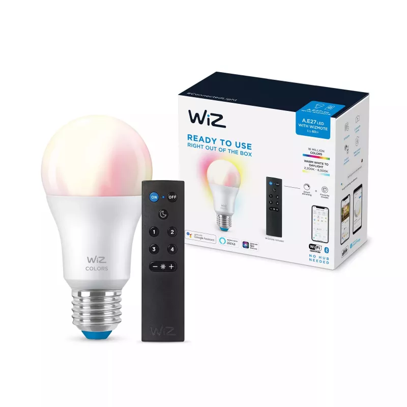 WiZ Bulb 8W (Eq.60W) A60 E27 x1 + Pilot, Inteligentna żarówka, Wi-Fi/Bluetooth, Biały, Wi-Fi 4 (802.11n), 802.11b, 802.11g, LED, E27