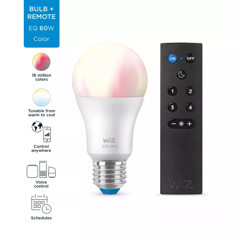 WiZ Bulb 8W (Eq.60W) A60 E27 x1 + Pilot, Inteligentna żarówka, Wi-Fi/Bluetooth, Biały, Wi-Fi 4 (802.11n), 802.11b, 802.11g, LED, E27