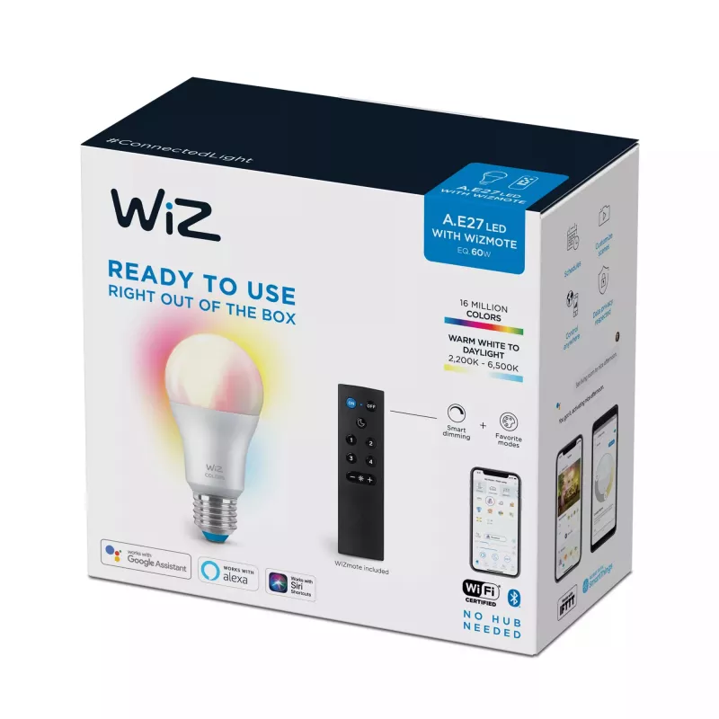 WiZ Bulb 8W (Eq.60W) A60 E27 x1 + Pilot, Inteligentna żarówka, Wi-Fi/Bluetooth, Biały, Wi-Fi 4 (802.11n), 802.11b, 802.11g, LED, E27