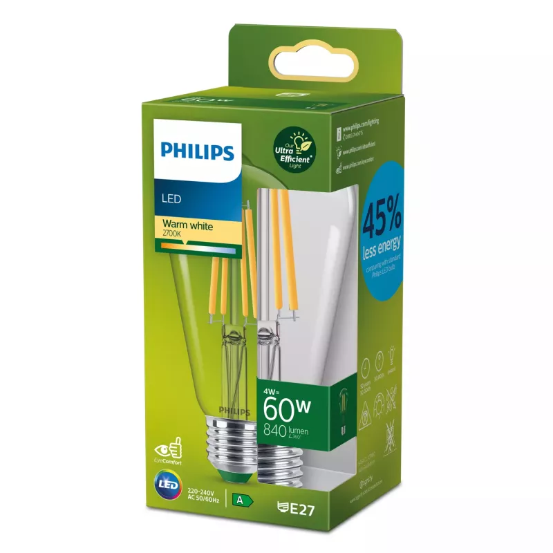 Żarówka filamentowa Philips Clear 60W ST64 E27, 4 W, 60 W, E27, 840 lm, 50000 h, ciepła biel