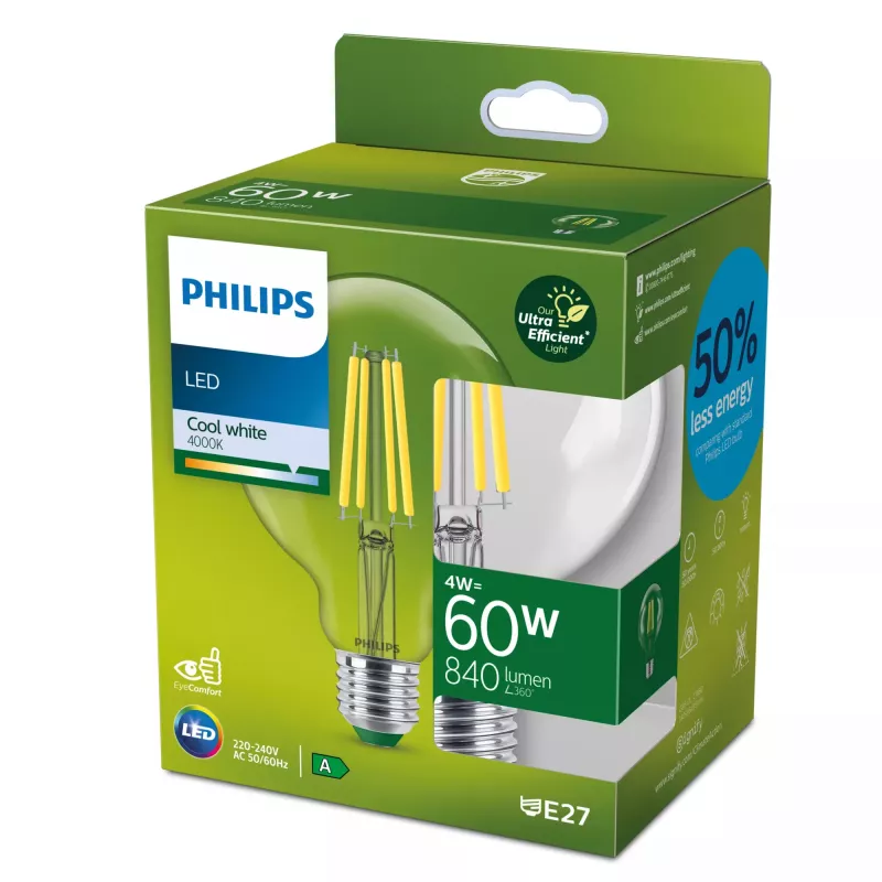 Philips Filament Bulb Clear 60W G95 E27, 4 W, 60 W, E27, 840 lm, 50000 h, Chłodnobiała