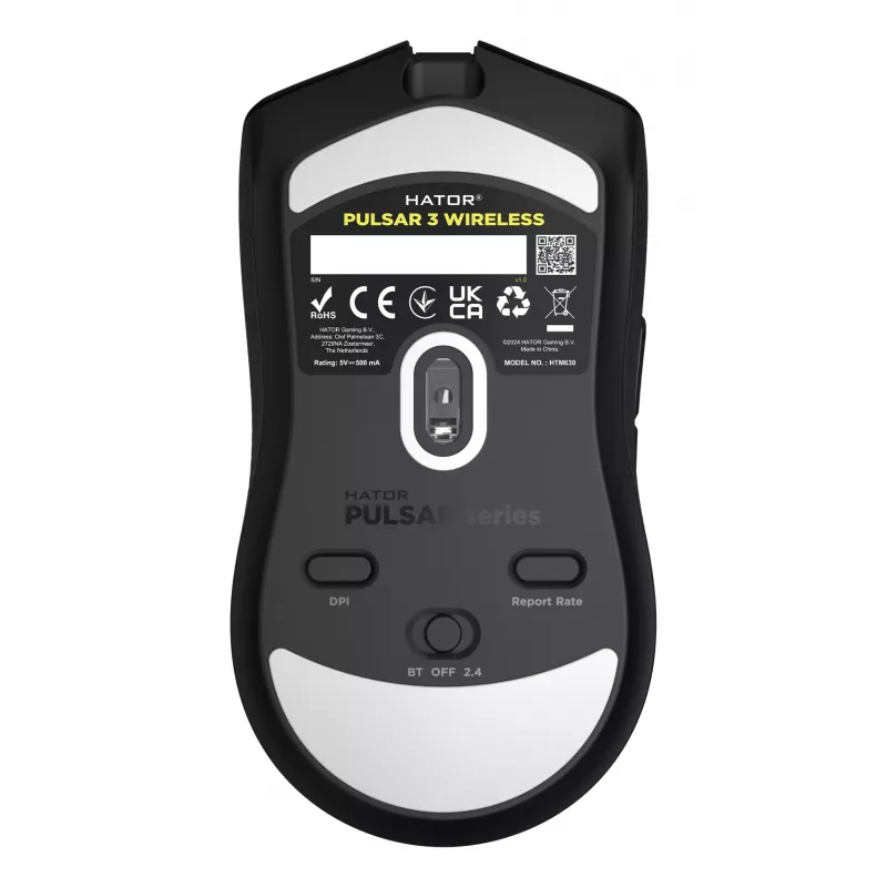 Mysz HATOR Pulsar 3 Wireless, czarna - Przełączniki optyczne żółty 100M PixArt PMW 3311 (HTM630)