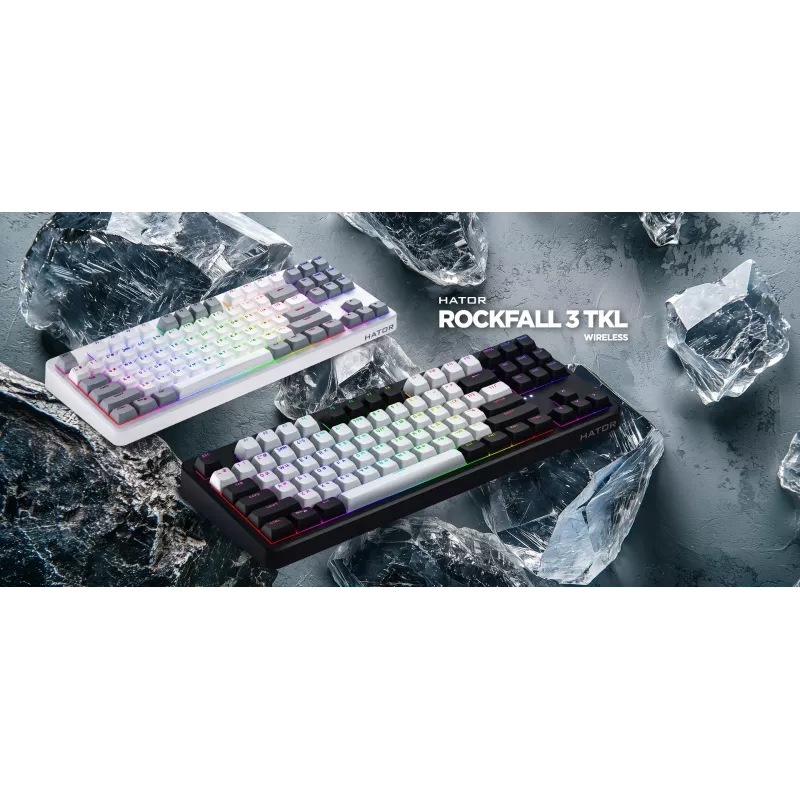 HATOR Rockfall 3 TKL Wireless, czarna, QMK/VIA, klawisze OMA profile biało-czarne klawiatura - liniowe przełączniki mechaniczne hotswap - US - układ ANSI (HTK850)