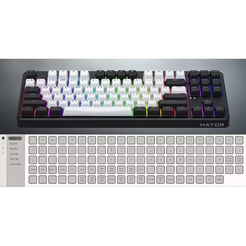 HATOR Rockfall 3 TKL Wireless, czarna, QMK/VIA, klawisze OMA profile biało-czarne klawiatura - liniowe przełączniki mechaniczne hotswap - US - układ ANSI (HTK850)