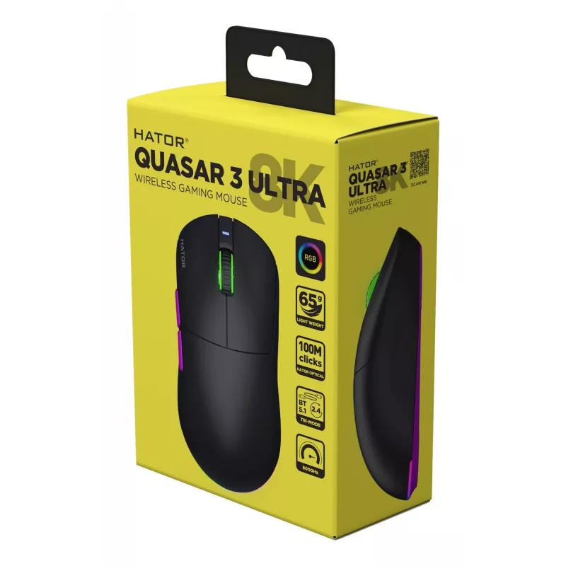 HATOR Quasar 3 Ultra 8K Wireless mysz Gaming Symetryczna RF Wireless + Bluetooth + USB Type-A Optyczna 30000 DPI