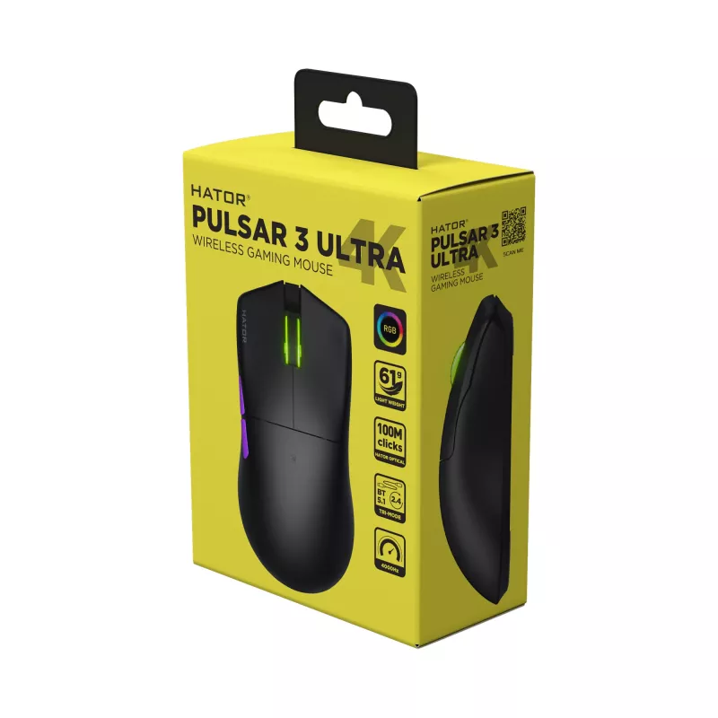 Mysz HATOR Pulsar 3 ULTRA 4K Wireless Gaming Praworęczna RF Wireless + Bluetooth + USB Type-A Optyczna 30000 DPI