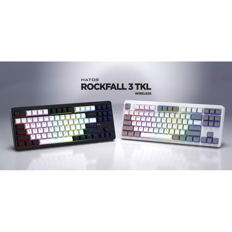 HATOR Rockfall 3 TKL Wireless, biały, QMK/VIA, klawisze OMA profile biało-czarne Klawiatura - liniowe przełączniki mechaniczne hotswap - US - układ ANSI