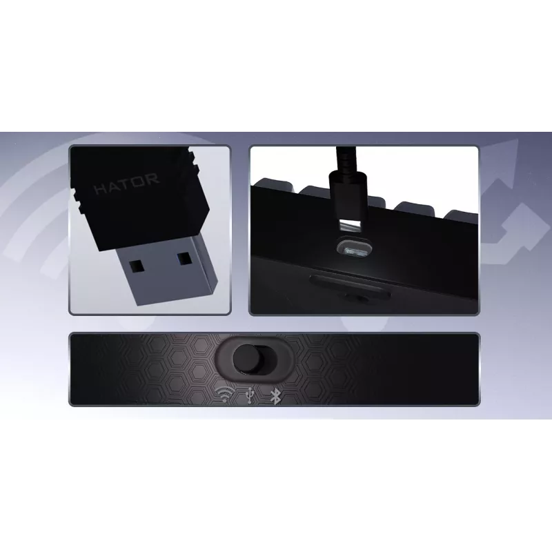 HATOR Skyfall Pro Wireless 65 klawiatura Gaming USB + RF Wireless + Bluetooth QWERTY US English Czarny, Szary