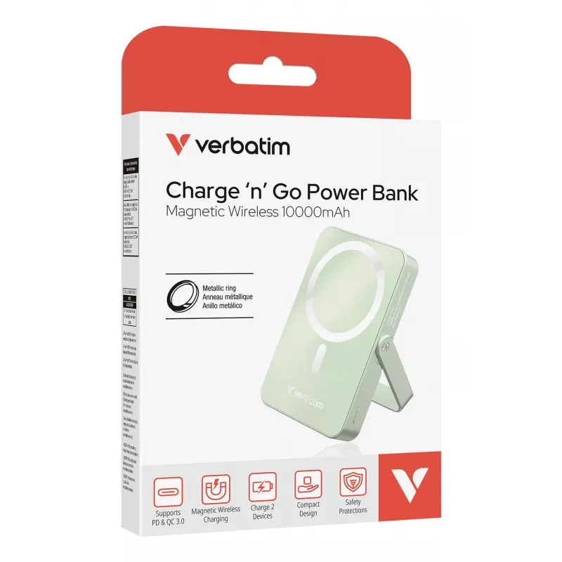 Verbatim Charge 'n' Go magnetyczny bezprzewodowy powerbank ze stojakiem - 10000 mAh zielony