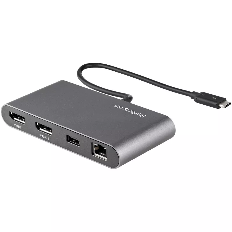 StarTech.com Mini stacja dokująca Thunderbolt dla dwóch monitorów, DisplayPort 4K 60 Hz, bezsterownikowy koncentrator dla Windows i Mac, Gigabit Ethernet, 1x USB-A (USB 5 Gb/s), kabel 11 cali (28 cm)