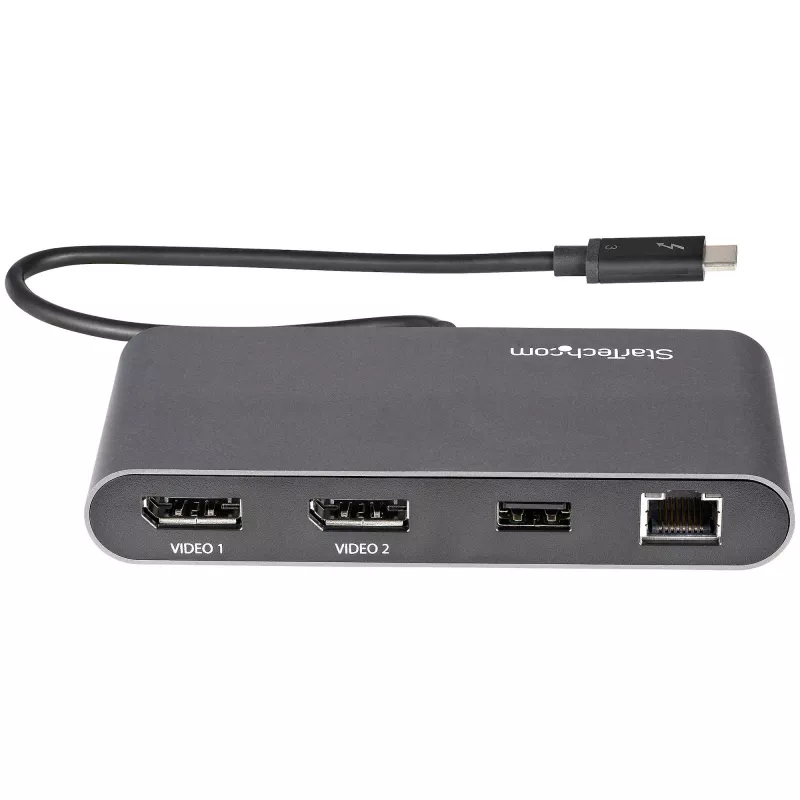 StarTech.com Mini stacja dokująca Thunderbolt dla dwóch monitorów, DisplayPort 4K 60 Hz, bezsterownikowy koncentrator dla Windows i Mac, Gigabit Ethernet, 1x USB-A (USB 5 Gb/s), kabel 11 cali (28 cm)