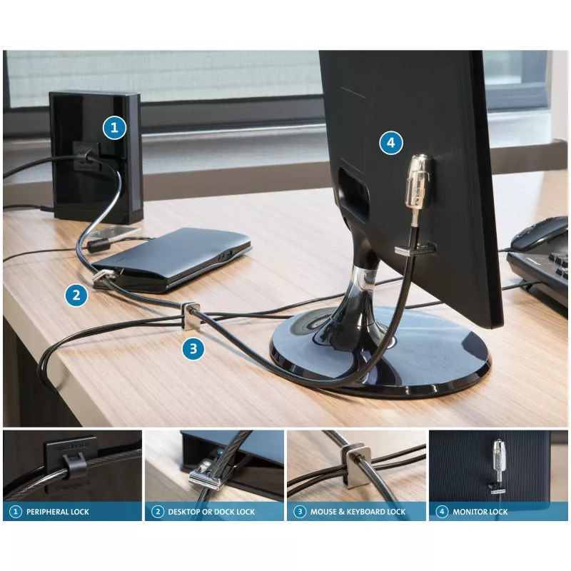 Zestaw blokujący Kensington Desktop & Peripherals Locking Kit 2.0, 2,44 m, Kensington, klucz, stal węglowa, czarny, srebrny