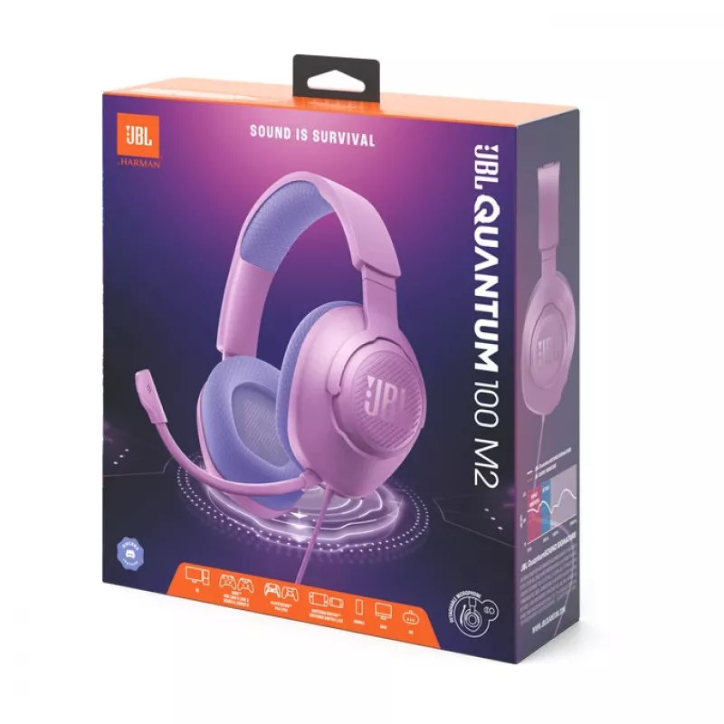 Przewodowy nauszny zestaw słuchawkowy do gier JBL Quantum 100M2 — wokółuszny, 20–20000 Hz, kabel 1,2 m, fioletowy