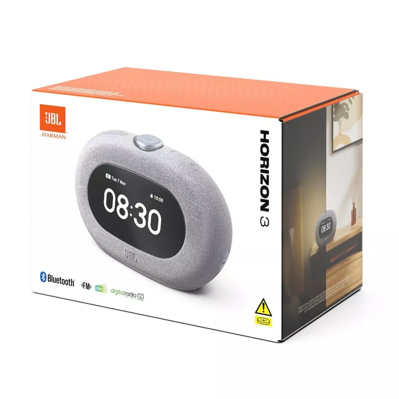 Zegar radiowy JBL Horizon-3 — DAB/DAB+/FM, 5W RMS, wyświetlacz LCD, 65–20000 Hz, regulacja obrotowa, szary
