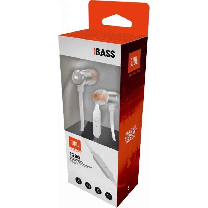 JBL T290 Zestaw słuchawkowy Przewodowe Douszne Rozmowy/Muzyka Srebrny