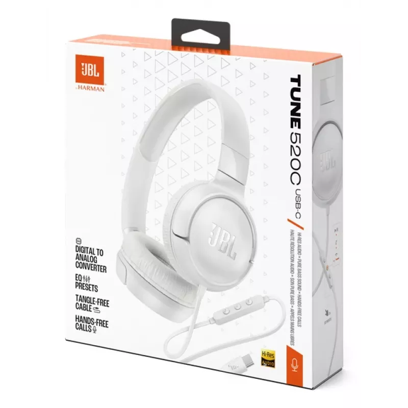 Słuchawki JBL Tune 520C USB-C Przewodowe Nauszne Rozmowy/Muzyka USB Typu-C Biały