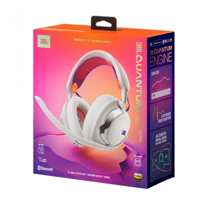 JBL Quantum 950 Headset Wireless Head-band Gaming USB Type-C Bluetooth Stacja ładująca Pomarańczowy, Srebrny, Biały