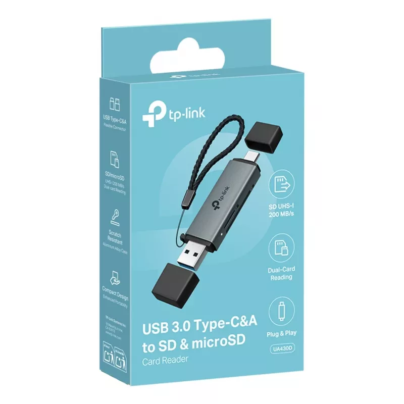 Czytnik kart TP‑LINK UA430D USB 3.1 — obsługa MicroSD/SD, 200 Mbit/s, Czarny, 75×22,9×9,3 mm