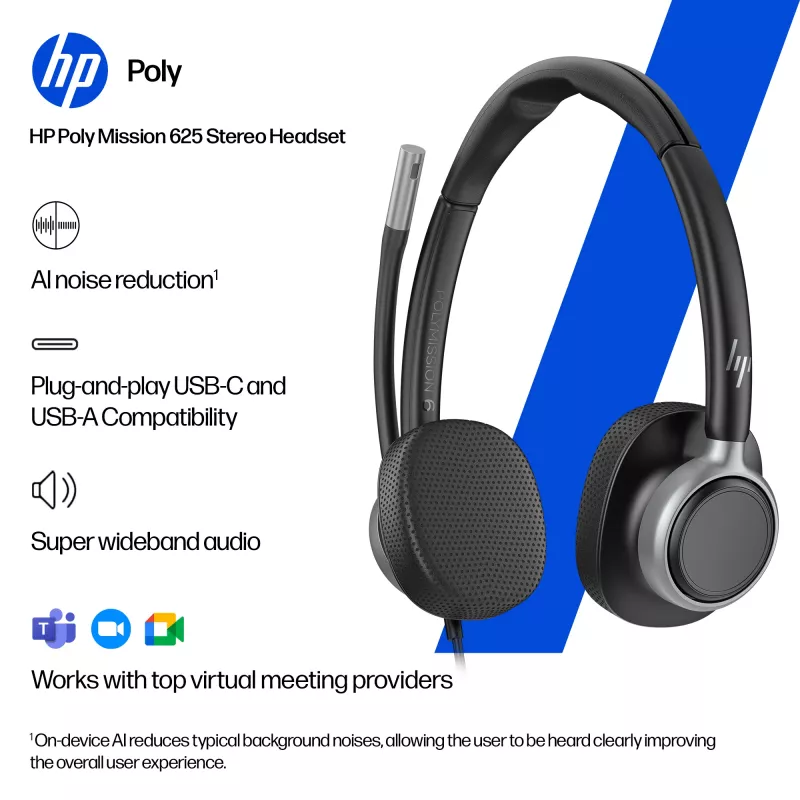 Przewodowy stereofoniczny zestaw słuchawkowy HP POLY Mission 625 z USB (C01C6AA)