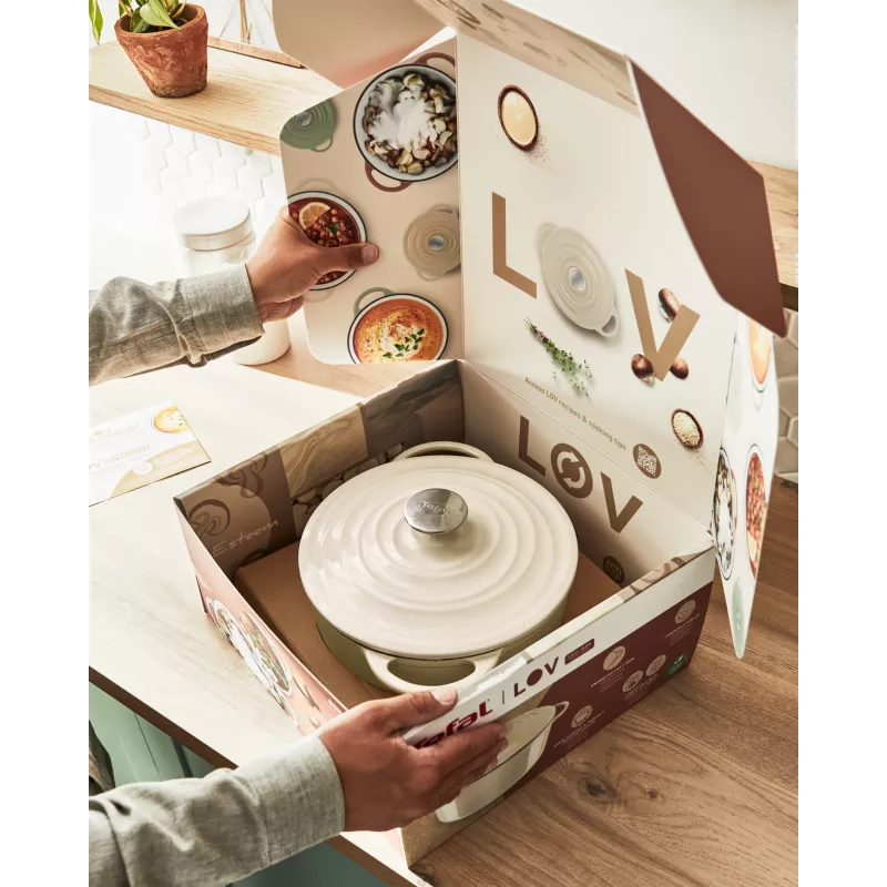 Żeliwna patelnia do serwowania Tefal LOV E25972, okrągła, 3,8 L, 28 cm, beżowa