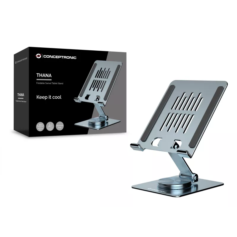Multimedialny stojak na tablet CONCEPTRONIC THANA09G — składany stojak obrotowy, podstawa obrotowa 360°, regulowana wysokość, szary, 150×110×40 mm
