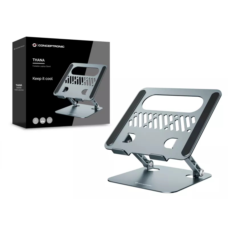 Podstawka pod laptop CONCEPTRONIC THANA10G — składana aluminiowa, regulowana wysokość, szary, 240×220×50 mm