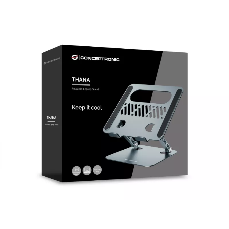 Podstawka pod laptop CONCEPTRONIC THANA10G — składana aluminiowa, regulowana wysokość, szary, 240×220×50 mm