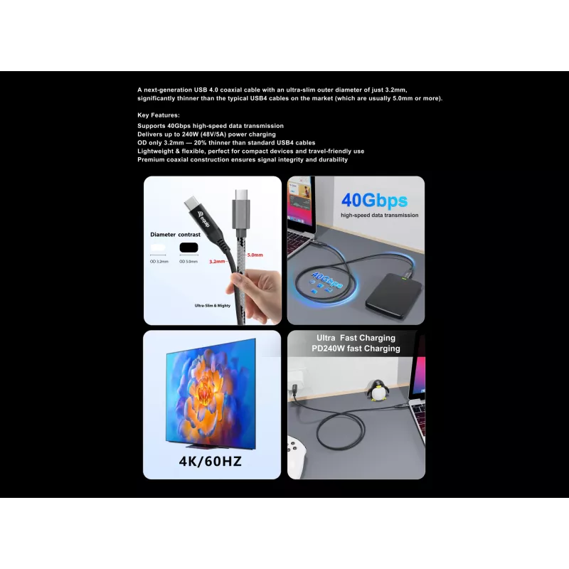 Equip USB 4 Ultra cienki C to C kabel, 1.2m, PD240W, 4K/60Hz, 40Gbps, czarny