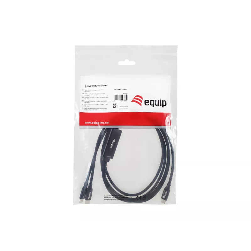 Kabel ładujący Y USB-C na 2x USB-C EQUIP 1,5 m PD 140 W, USB 2.0, czarny
