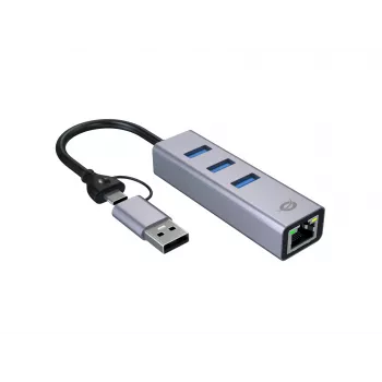 Adapter sieciowy USB-C do Gigabit Ethernet z 3-portowym hubem USB CONCEPTRONIC ABBY25G — USB 3.2 Gen 1, Ethernet 1 Gb/s, 3x USB-A, aluminium, szary