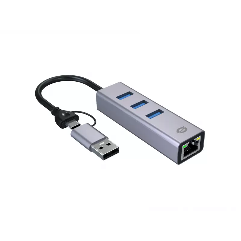 Adapter sieciowy USB-C do Gigabit Ethernet z 3-portowym hubem USB CONCEPTRONIC ABBY25G — USB 3.2 Gen 1, Ethernet 1 Gb/s, 3x USB-A, aluminium, szary