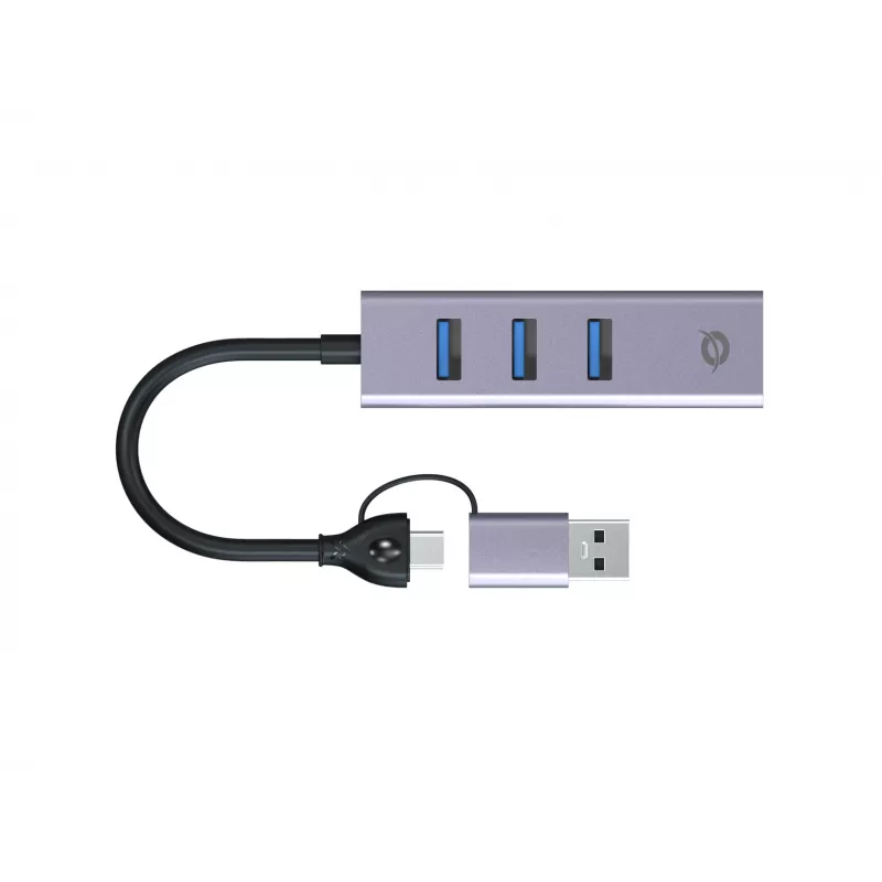 Adapter sieciowy USB-C do Gigabit Ethernet z 3-portowym hubem USB CONCEPTRONIC ABBY25G — USB 3.2 Gen 1, Ethernet 1 Gb/s, 3x USB-A, aluminium, szary