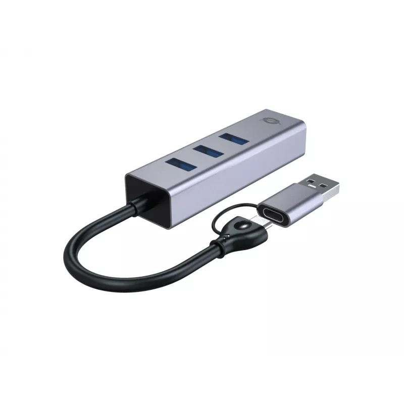 Adapter sieciowy USB-C do Gigabit Ethernet z 3-portowym hubem USB CONCEPTRONIC ABBY25G — USB 3.2 Gen 1, Ethernet 1 Gb/s, 3x USB-A, aluminium, szary
