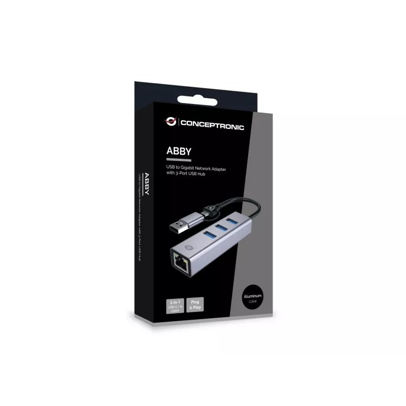 Adapter sieciowy USB-C do Gigabit Ethernet z 3-portowym hubem USB CONCEPTRONIC ABBY25G — USB 3.2 Gen 1, Ethernet 1 Gb/s, 3x USB-A, aluminium, szary