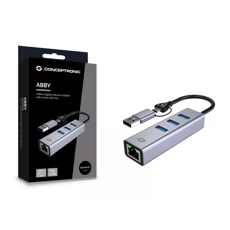 Adapter sieciowy USB-C do Gigabit Ethernet z 3-portowym hubem USB CONCEPTRONIC ABBY25G — USB 3.2 Gen 1, Ethernet 1 Gb/s, 3x USB-A, aluminium, szary