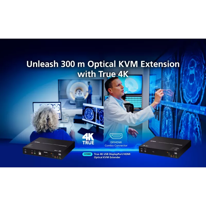Przedłużacz KVM ATEN True 4K DP/HDMI Optical KVM 300m – Nadajnik i Odbiornik, DisplayPort/HDMI, USB, 300 m