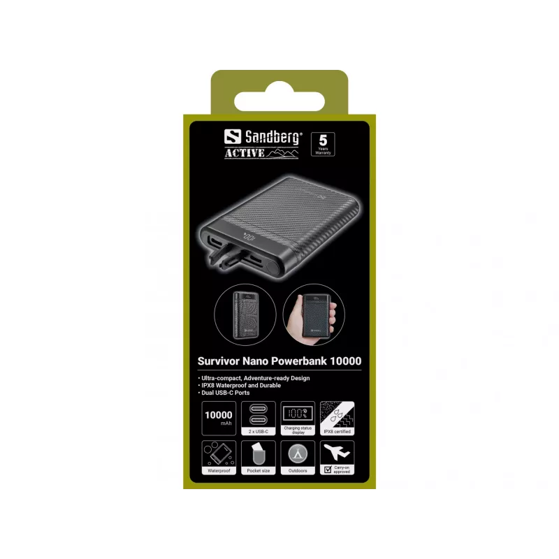 Sandberg Survivor Nano Powerbank 10000, 10000 mAh, litowo-jonowy (Li-Ion), 3,7 V, 20 W, czarny
