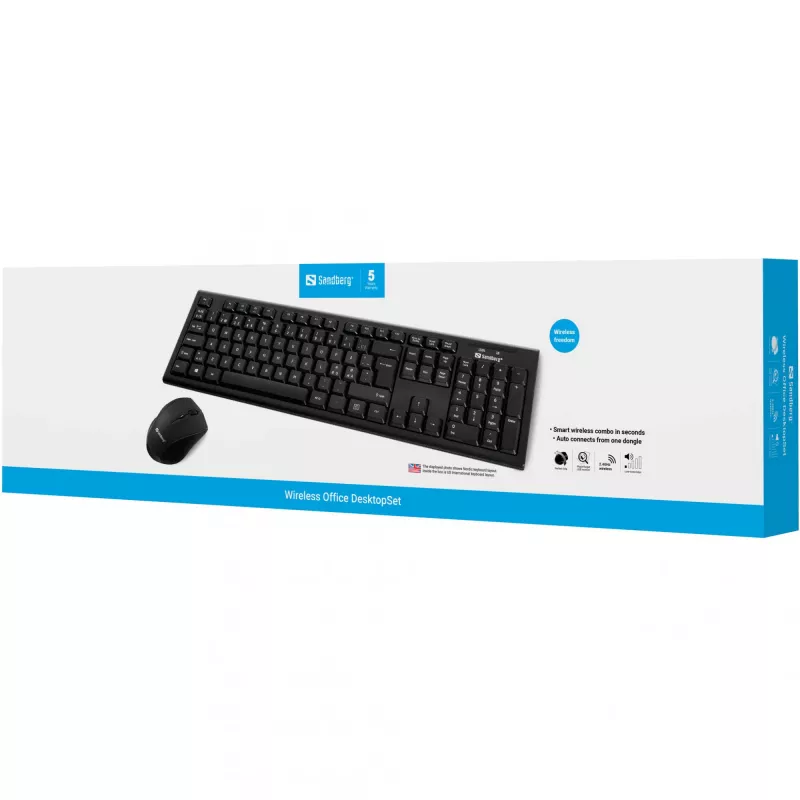Sandberg Wireless Office DesktopSet INT, Bezprzewodowy, RF Wireless, Membranowa, QWERTY, Czarny, Mysz w zestawie