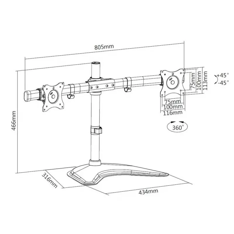 Multibrackets M Deskstand Basic Dual, wolnostojący, 16 kg, 38,1 cm (15 cali), 68,6 cm (27 cali), 100 x 100 mm, czarny