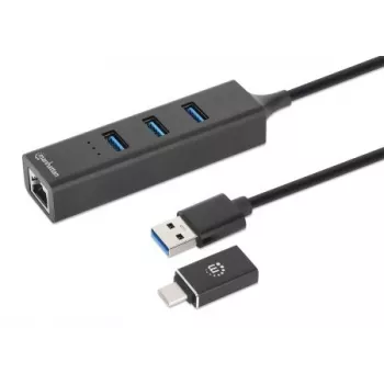 Manhattan USB-C & USB-A Combo Dock/Hub, Porty (4): Ethernet i USB-A (x3), 5 Gb/s (USB 3.2 Gen1 znane jako USB 3.0), zasilany przez USB (nie wymaga zewnętrznego zasilacza)