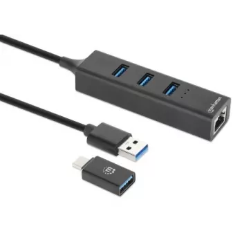 Manhattan USB-C & USB-A Combo Dock/Hub, Porty (4): Ethernet i USB-A (x3), 5 Gb/s (USB 3.2 Gen1 znane jako USB 3.0), zasilany przez USB (nie wymaga zewnętrznego zasilacza)