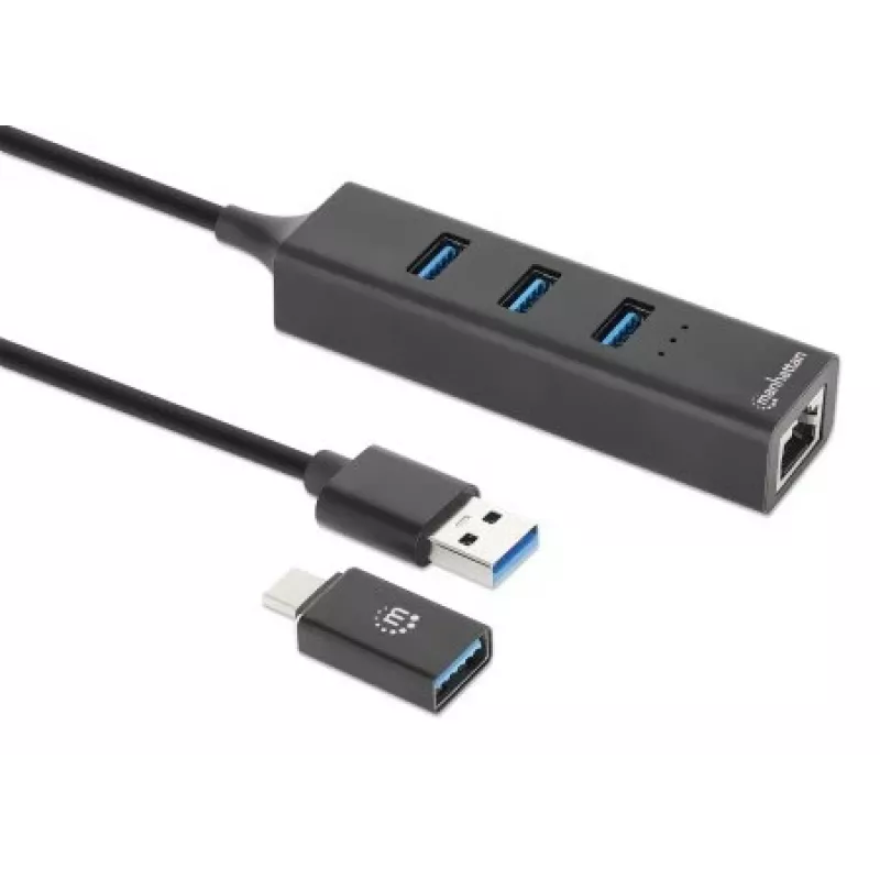 Manhattan USB-C & USB-A Combo Dock/Hub, Porty (4): Ethernet i USB-A (x3), 5 Gb/s (USB 3.2 Gen1 znane jako USB 3.0), zasilany przez USB (nie wymaga zewnętrznego zasilacza)