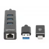 Manhattan USB-C & USB-A Combo Dock/Hub, Porty (4): Ethernet i USB-A (x3), 5 Gb/s (USB 3.2 Gen1 znane jako USB 3.0), zasilany przez USB (nie wymaga zewnętrznego zasilacza)