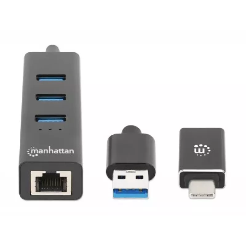 Manhattan USB-C & USB-A Combo Dock/Hub, Porty (4): Ethernet i USB-A (x3), 5 Gb/s (USB 3.2 Gen1 znane jako USB 3.0), zasilany przez USB (nie wymaga zewnętrznego zasilacza)