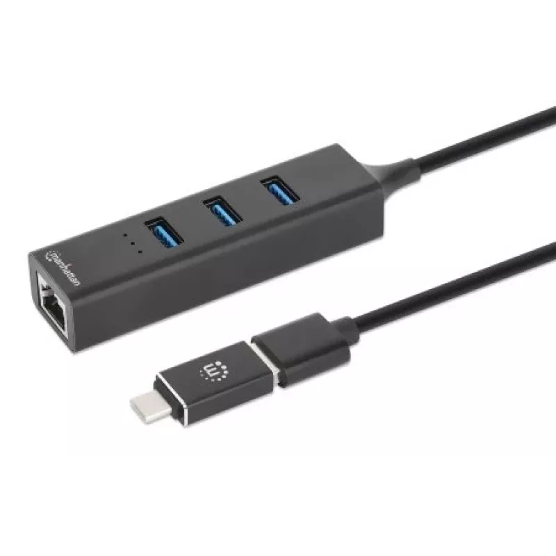 Manhattan USB-C & USB-A Combo Dock/Hub, Porty (4): Ethernet i USB-A (x3), 5 Gb/s (USB 3.2 Gen1 znane jako USB 3.0), zasilany przez USB (nie wymaga zewnętrznego zasilacza)
