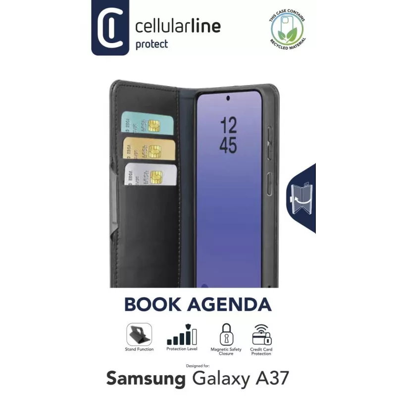 Cellularline Book Agenda 2 - Galaxy A37 Etui książkowe ze sztucznej skóry z magnetycznym zamknięciem, funkcją podstawki i ochroną RFID/NFC dla kart zbliżeniowych.